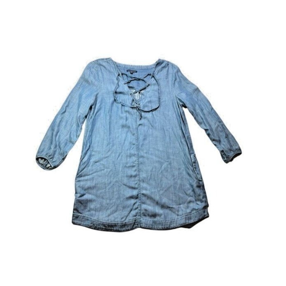 American Eagle Chambray Tunic Shirt Dress Size Large Lace-up Lyocell Denim AEO